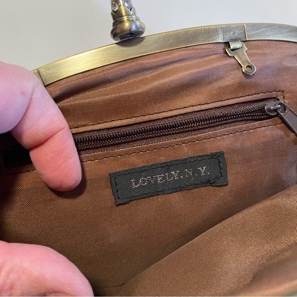 Bronze vegan leather clutch with brass hardware and rhinestones, GUC no strap - Picture 8 of 10